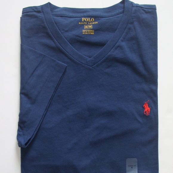 Polo Ralph Lauren Navy Blue Classic V-Neck Tee T-Shirt Red Pony NWT